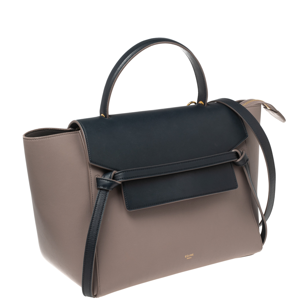 CELINE Beige/Navy Blue Leather Mini Belt Top Handle Bag - Picture 3 of 9